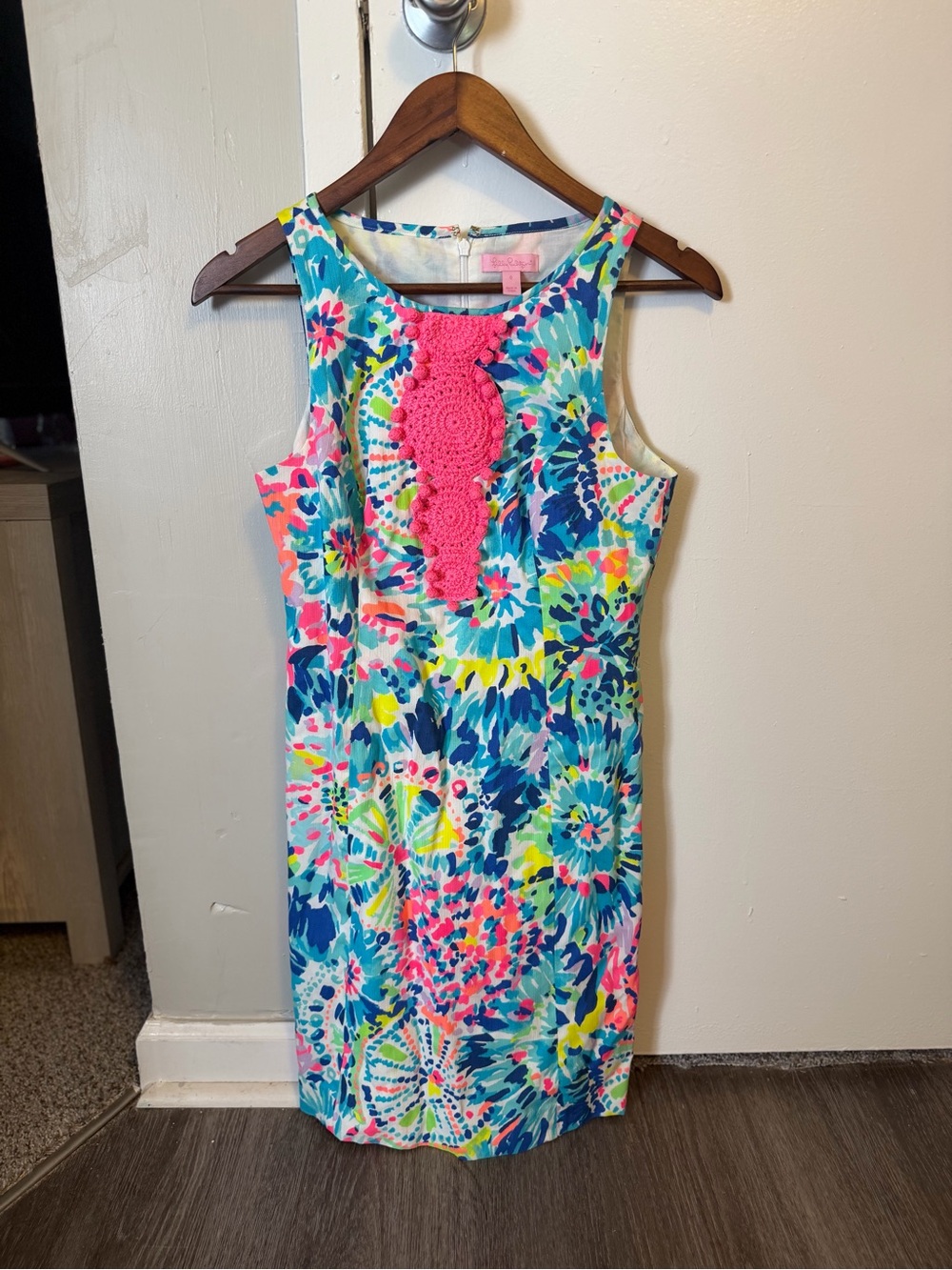 Lilly Pulitzer Multicolor Floral Shift Dress with Pink Crochet Detail